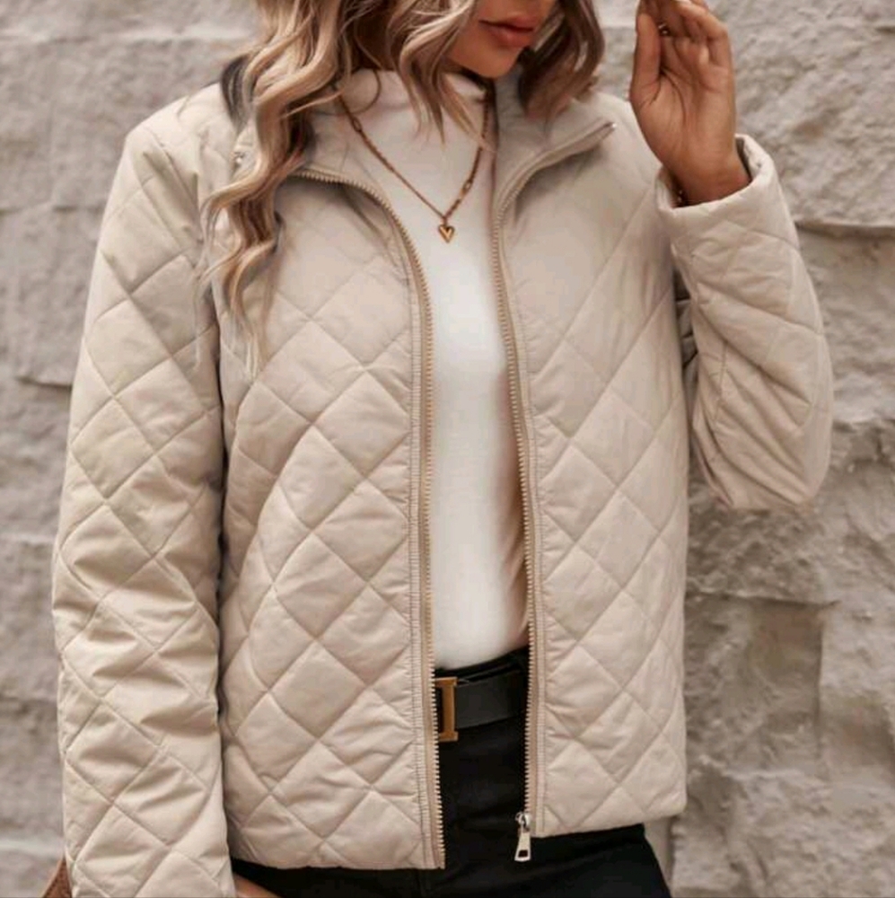 Ladies' Thin Padded Diamond Quilted Stand Collar Long Sleeve Padded Coat With Zi - Picture 4 of 4